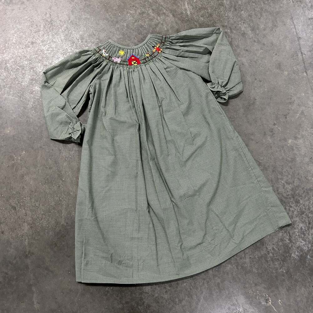 Be Mine Girls Green Gingham Farm Smocked Bishop Dress Size 4Y